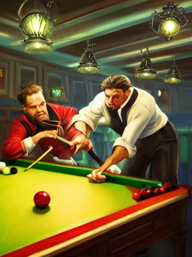 Image similar to snooker bar fight. intricate, elegant, highly detailed, digital painting, artstation, concept art, sharp focus, illustration, by justin gerard and artgerm, 8 k