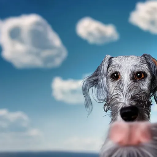 Image similar to an elderly, grey wire-haired dachshund floating in heaven, blue sky, surrounded by beautiful white clouds, with a halo