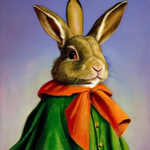 Image similar to a rabbit wearing a green cape, victorian painting