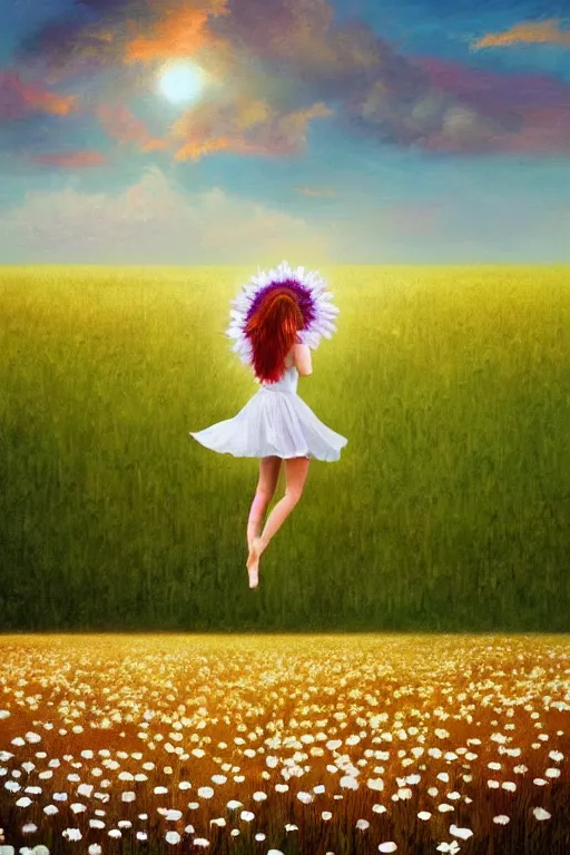 Prompt: giant white daisy flower over head, girl dancing in a flower field, surreal photography, sunrise, dramatic light, impressionist painting, colorful clouds, digital painting, artstation, simon stalenhag