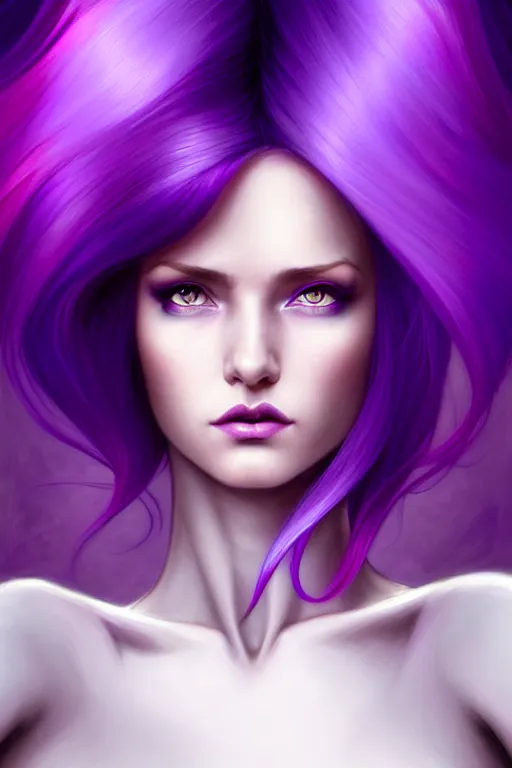 Image similar to Purple hair relistic Portrait of a woman with bright colored flying hair, all shades of purple. Hair coloring, long hair, blue eyes, fantasy, intricate, elegant, highly detailed, digital painting, artstation, concept art, smooth, sharp focus, illustration, art by artgerm and greg rutkowski and alphonse mucha