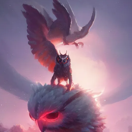 Image similar to a super cute demon riding on owl, anime, manga, kawaii, avtar, magical world, by greg rutkowski, sung choi, photo realistic, 8 k, cinematic lighting, hd, atmospheric, hyperdetailed, trending on artstation, devainart, digital painting, glow effect