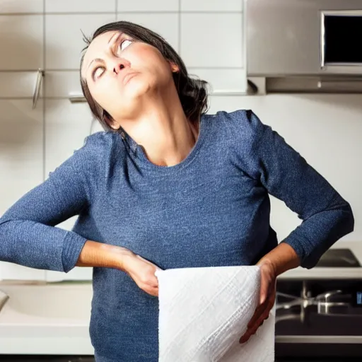 Image similar to a photo of a woman losing her patience because she can't find the paper towel