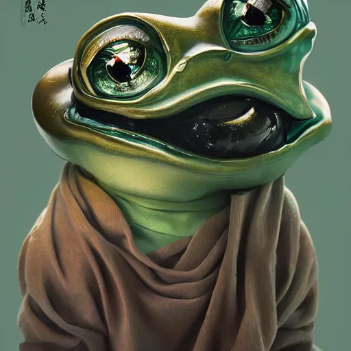 Image similar to plasticine wet shiny angles, crystal, moonlit, mirrors, camera angled dramatically, realistic hyperdetailed design of pepe the frog meme, ferocious, chinese mythology, victo nga, fumo yoshitoshi, ren jing jeong, feifei ruan, peter mohrbacher, takato yamamoto