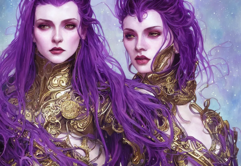 Image similar to close up portrait vampire with purple hair in sci - fi bionic armor, highly detailed, very intricate, art nouveau, gold filigree, romantic storybook fantasy, soft cinematic lighting, award - winning, disney concept art watercolor illustration by mandy jurgens and alphonse mucha and alena aenami, pastel color palette, featured on artstation