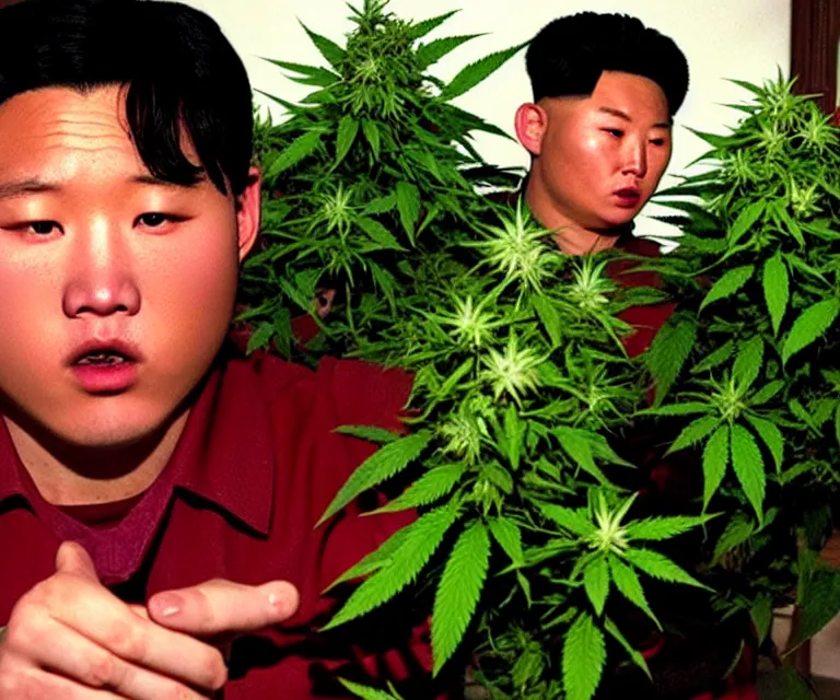 Prompt: hyperralism weed express ( 2 0 0 8 ) movie still photography of realistic detailed north korean kim chen with detailed face smoking high detailed weed and reviewing weed bush in detailed basement bedroom ultra violet light
