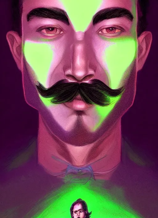 Prompt: symmetry!! a portrait young tech mage with a salvador dali moustache and a soul patch by artgerm and greg rutkowski, purple and green colors, neon light, volumetric lighting, mystical vibe, magical, very detailed, intricate, 4 k