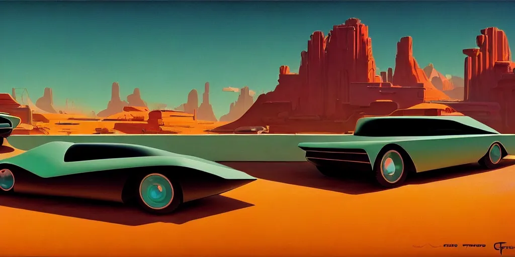 Image similar to a cinematic matte painting of a sleek 1 9 6 0 s vaporwave retro - futurism sci - fi car in a cluttered garage in the american southwest. cactus. by eric lafforgue, glennray tutor and edward hopper, greg rutkowski. trending on artstation.