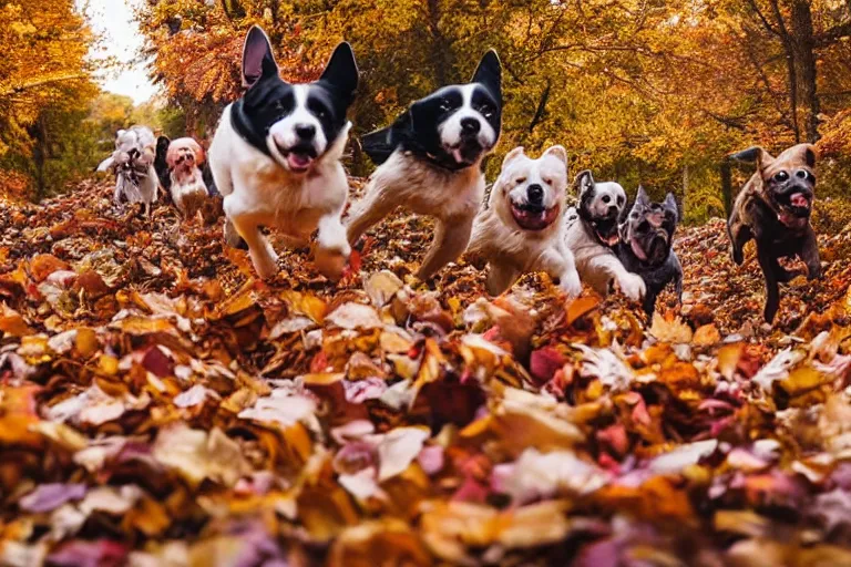 Image similar to dogs running towards the camera while breaking through a pile of autumn leaves