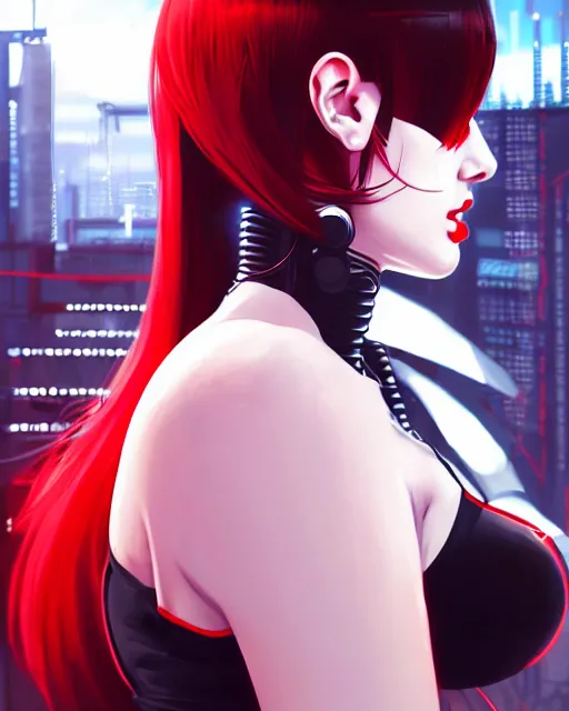 Image similar to a detailed potrait of a cyberpunk cyborg girl with black and red parts, perfect face, realistic shaded perfect face, detailed. night setting. very anime style. realistic shaded lighting poster by ilya kuvshinov katsuhiro, unreal engine, global illumination, radiant light, detailed and intricate environment, full length and white stockings
