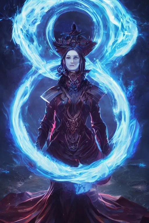 Image similar to a fancy portrait of a beautiful dark magician women covered in deep blue flames flames by Greg Rutkowski, Sung Choi, Mitchell Mohrhauser, Maciej Kuciara, Johnson Ting, Maxim Verehin, Peter Konig, final fantasy , mythical, 8k photorealistic, cinematic lighting, HD, high details, atmospheric,