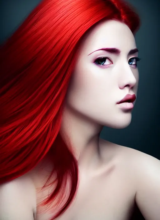 Image similar to photo of gorgeous woman with her right side hair dyed red and left side hair white in the style of stefan kostic, realistic, half body shot, sharp focus, 8 k high definition, insanely detailed, intricate, elegant, art by stanley lau and artgerm, foggy backgeound