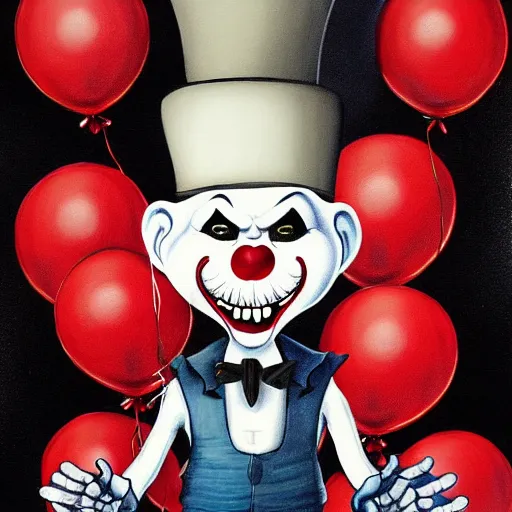 Image similar to grunge cartoon painting of an ape with a top hat with a wide smile and a red balloon by chris leib, loony toons style, pennywise style, horror theme, detailed, elegant, intricate