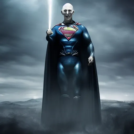 Prompt: Voldemort potrayed as Man of steel by Zack Snyder, Christopher Nolan, 8k photorealistic, cinematic lighting, HD, high details, dramatic, trending on artstation, above view, dark atmosphere