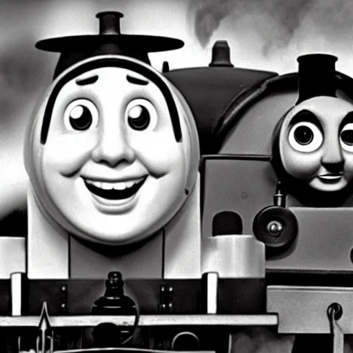 Prompt: the face of gary busey on Thomas the tank engine, cartoon, steamboat willy, monochrome 1920s