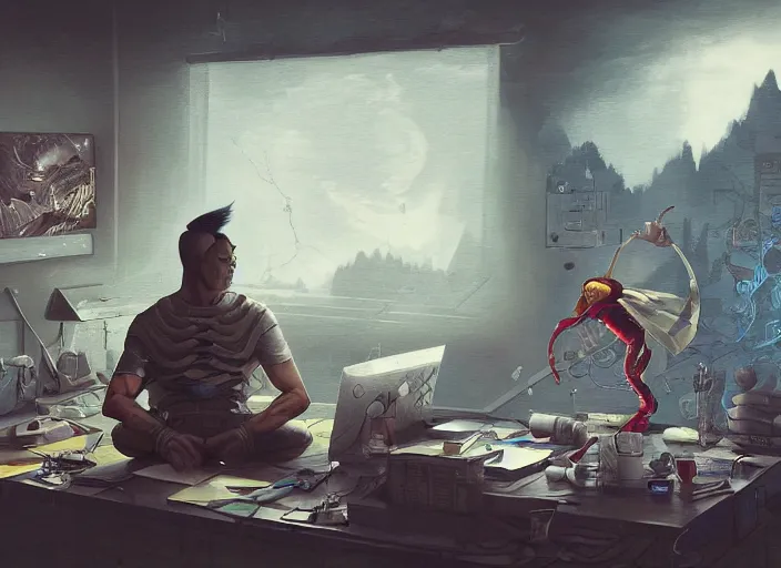 Image similar to an insanely detailed painting of an asian man wearing a homemade superhero costume, sitting at a desk, staring seriously at the computer and typing, in the style of peter mohrbacher, james jean, dramatic lighting and composition, surreal background, octane render, pixar, trending on artstation, concept art, comic book, view from behind, 8 k