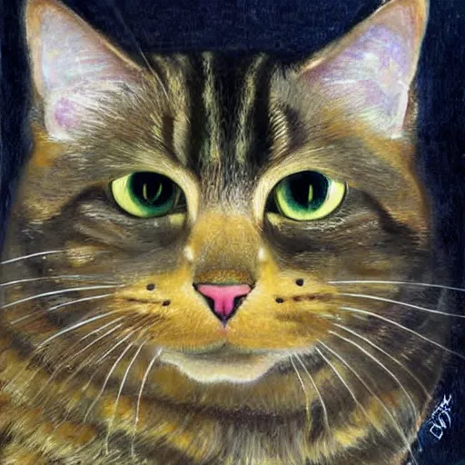 Image similar to portrait of a very fluffy dark tabby cat with green eyes, starlight, full body, smiling cat, golden colors, jewelry, intricate, elegant, highly detailed, smooth, sharp focus, illustration, art by gustav klimt