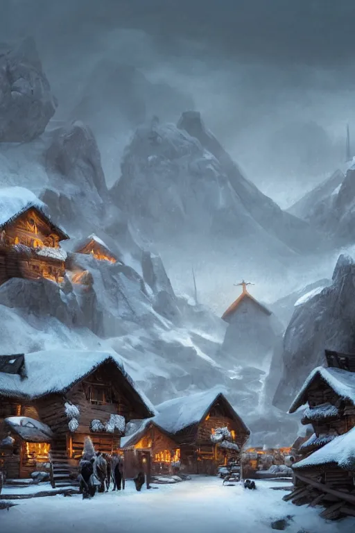 Image similar to mountain village with wooden viking houses in the snow, blizzard, landscape, raphael lacoste, eddie mendoza, alex ross, concept art, matte painting, highly detailed, rule of thirds, dynamic lighting, cinematic, detailed, denoised, centerd