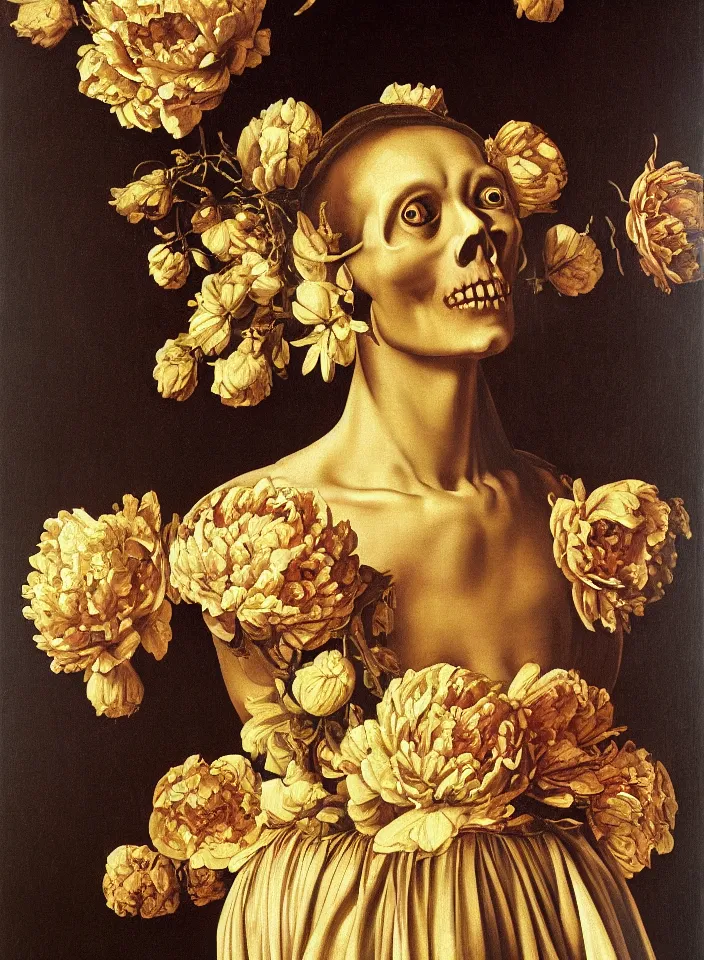 Image similar to portrait of a woman with a golden skull instead of a head in a dress of big peony petals, oil painting in a renaissance style , very detailed, painted by Caravaggio.