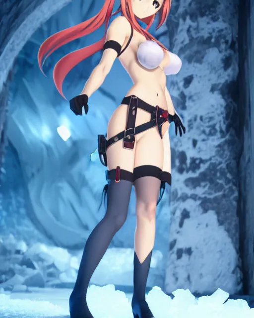 Image similar to pinup photo of asuna from sao in ice dungeon, asuna by a - 1 pictures, by greg rutkowski, gil elvgren, enoch bolles, glossy skin, pearlescent, anime, very coherent, maxim magazine, 3 d, vray, unreal 5, octave rendey, maya, cgsociety