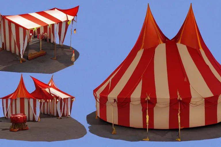 Prompt: 3d sculpt of a circus tent, artstaton, League of Legends, red dead redemption2, overwatch, digital illustration