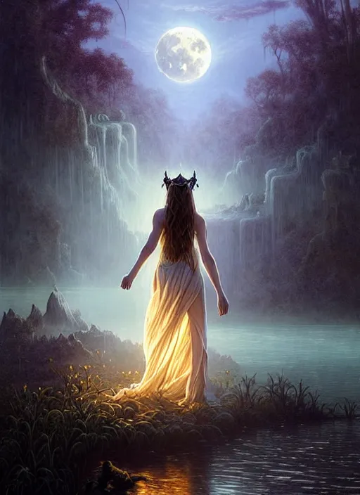 Image similar to fantasy book cover, full moon, fantasy bayou landscape, goddess in a flowing dress in the middle, back view, iridescent elements, fantasy magic, dark light night, intricate, elegant, sharp focus, illustration, highly detailed, digital painting, concept art, matte, art by wlop and artgerm and greg rutkowski and albert bierstadt, masterpiece