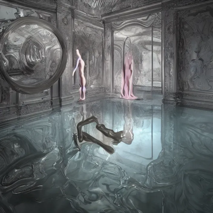 Image similar to hyperrealistic random objects in a surreal minimalistic dreamscape environment by salvador dali, enormous melting mannequin head statue, highly detailed, 3 d render, vray, octane, beautiful lighting, photorealistic, intricate, elegant, wayne barlowe, water, mirrors, doorway, beautiful, masterpiece, trending on artstation, artgerm, checkered floor, pink archway