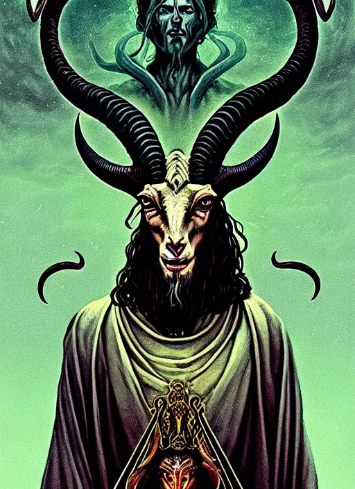 Image similar to elden ring themed orthodox baphomet goat jesus icon tarot card portrait, piercing gaze, byzantine aesthetic, doom, religious, sinister, ornate, intricate, beautifully backlit, subtle tones, digital painting, concept art, smooth, sharp focus, illustration, art by josan gonzalez, greg rutkowski, killian eng and zdizslaw beksinski