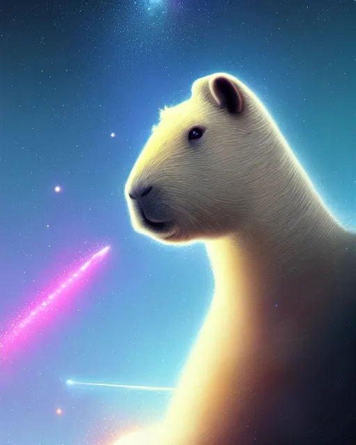 Image similar to a white capybara cruising the milky way, beautiful, agile, myth, legend, trending on artstation, light effects, kilian eng, john harris, bastien lecouffe - deharme