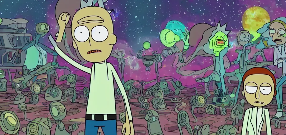 Image similar to galaxy, e - scooter invasiom, rick and morty, cinematic