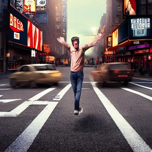 Image similar to broadway play poster of a young angry man screaming in the middle of street, high definition, highly detailed, photo-realistic, unreal engine render, 16k,