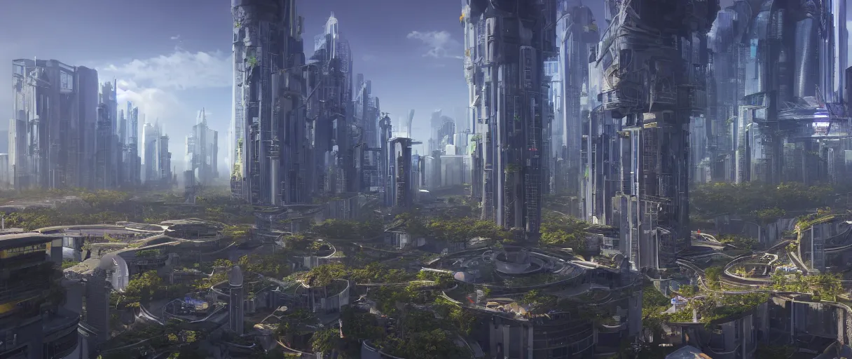 Prompt: a wide shot of a hi-tech sci-fi solarpunk city, with skyscrapers, bridges, trees, plants, beautiful, stunning, serene, volumetric light, volumetric clouds, photography, color, intricate, extremely detailed, photorealistic, unreal engine 5