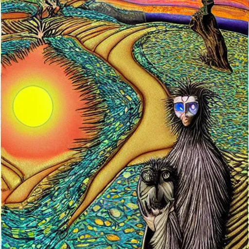 Image similar to oasis in the dessert, night, animals, psychedelic, realistic by tim burton.