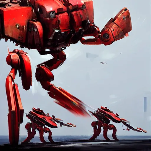 Prompt: giant red mechanical crab with cannon on its back, detailed, military robot, by greg rutkowski and jakub rozalski