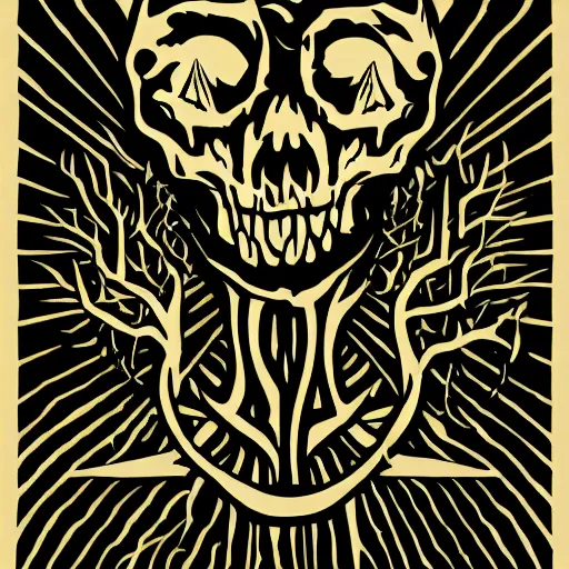 Image similar to dark death metal themed vector illustration for a record label, trees. forest, spikes, skull, microphone, skull, award winning, grunge, iconic, golden ratio