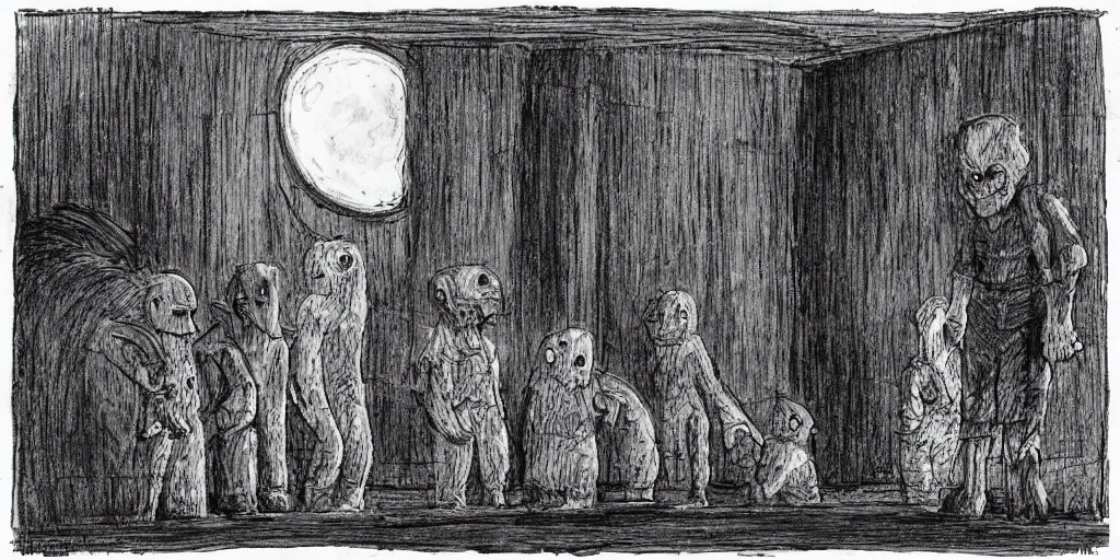 Image similar to Artwork by Maurice Sendak of the cinematic view of the Seventh Terrifying Prison.