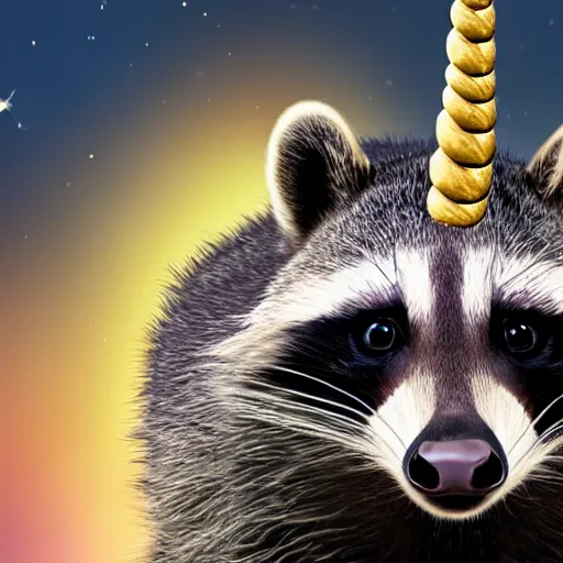 Prompt: raccoon sits on the head of a unicorn and holds the horn, hyper realistic, 4k, 8k, cinematik