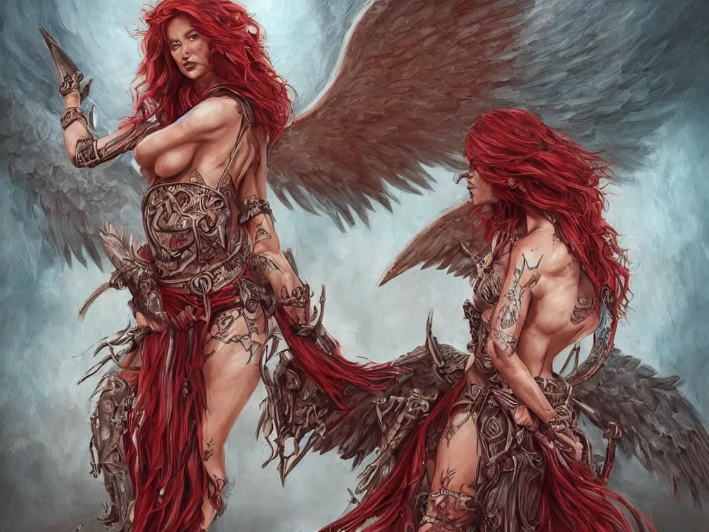 Prompt: a whole body D&D style illustration of a warrior angel woman influencer with angel wings wide opened , covered by religious and satanic tattoos, defiant expression , wavy red hair, big cheekbones, cloud ominous day background, floral tattoos, intricate, elegant, highly detailed, digital painting, artstation, concept art, smooth, sharp focus, high fantasy illustration, art by artgerm and Peter Andrew Jones