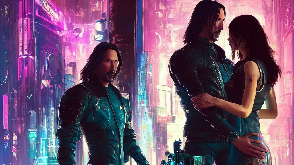 Image similar to a cyberpunk 2077 srcreenshot couple portrait of Keanu Reeves&female android in kiss,love story,film lighting,by Laurie Greasley,Lawrence Alma-Tadema,Dan Mumford,John Wick,Speed,Replicas,artstation,deviantart,FAN ART,full of color,Digital painting,face enhance,highly detailed,8K,octane,golden ratio,cinematic lighting