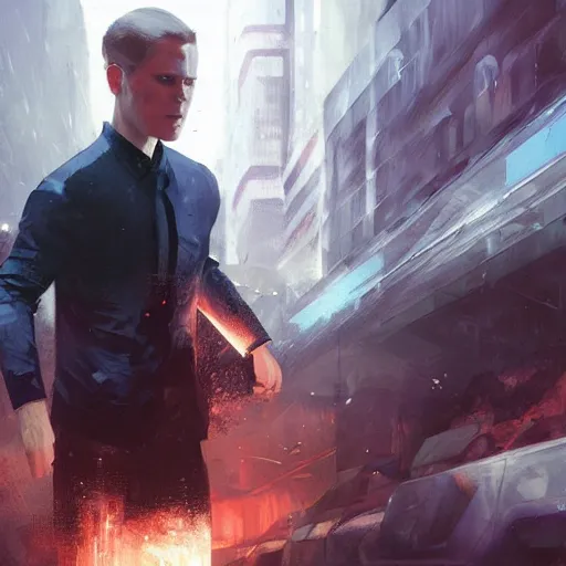 Image similar to connor from detroit become human exploding by greg rutkowski