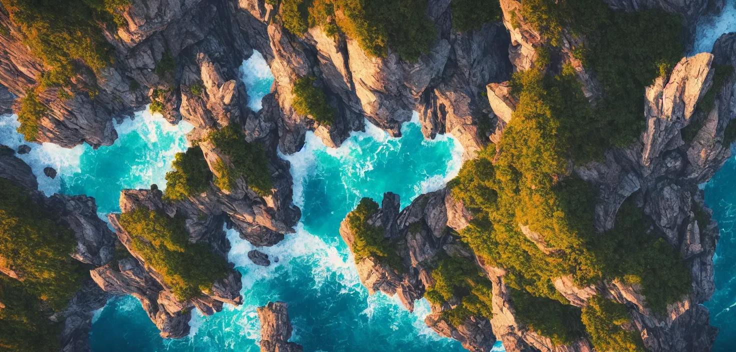 Prompt: nature landscape, aerial view, drone photography, cinematic, mountains and ocean, trending on artstation, by jordan grimmer, art greg rutkowski