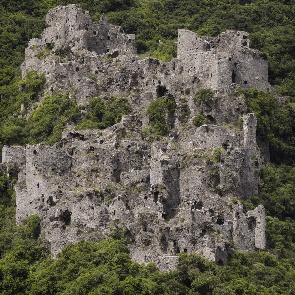 Image similar to photograph, a ruined castle on top of a big mountain, the photo was taken from very far away below the castke looking up at it, there are no other mountains around it, there is only sky in the background, day time, ambient lighting, exteme far up, ultra high detail, 8 k