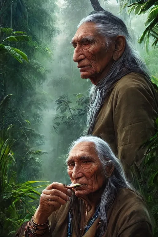 Prompt: a beautiful portrait of chief dan george taking tobacco snuff in the jungle, hyper realistic face, fantasy art, in the style of greg rutkowski, intricate, matte painting, hyper detailed, smooth