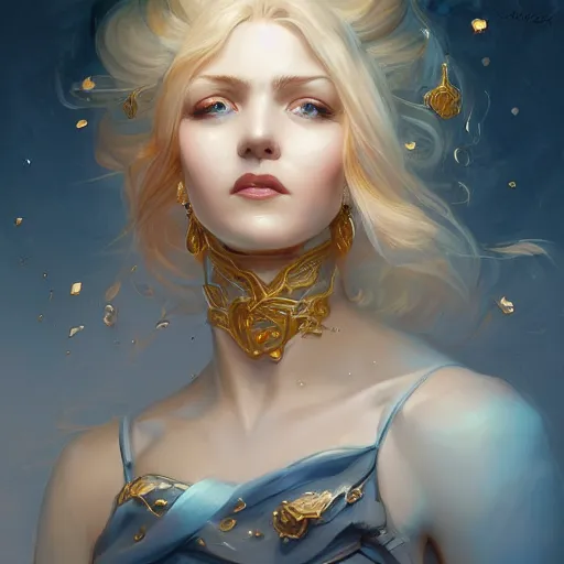 Image similar to an insanely detailed portrait of a beautiful woman facing you, highly detailed features, sparkling blue eyes, long eyelashes, long golden blonde hair, beautiful smile, in the style of peter mohrbacher, artgerm, dramatic lighting and composition, octane render, trending on artstation, concept art 8 k