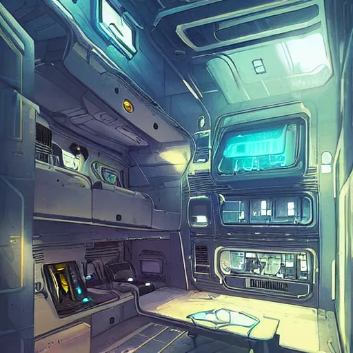 Image similar to “A cyberpunk bunk within a spaceship, D&D sci-fi, artstation, concept art, highly detailed illustration.”