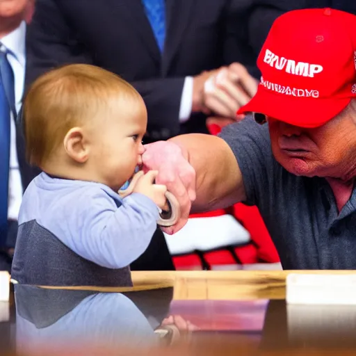 Image similar to Donald Trump arm wrestling a baby, paparazzi