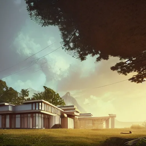 Prompt: modernist house inspired by a tibetan palace between big trees, yellow clouds, dramatic lighting, artstation, matte painting, raphael lacoste, simon stalenhag, frank lloyd wright, zaha hadid