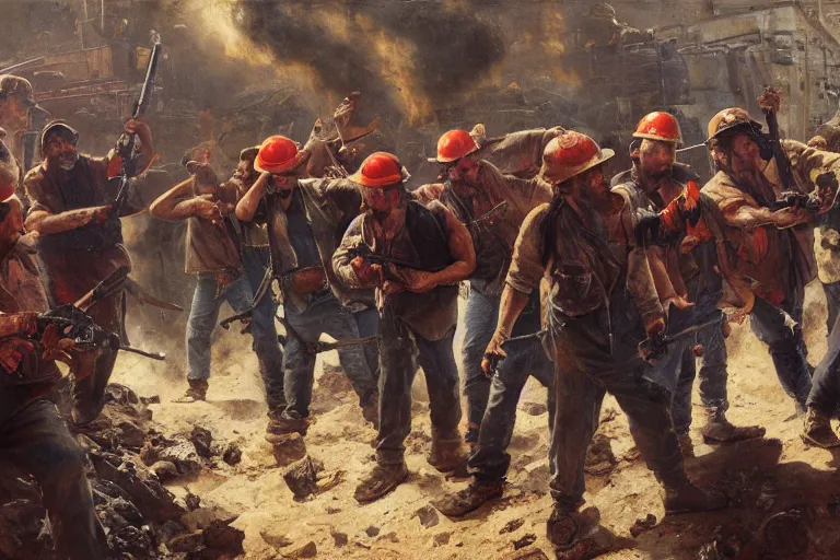 Image similar to intense dramatic still of a ragtag group of miners and factory workers with improvised weapons and firearms and red bandanas around their necks, on the surface of an asteroid, outside of a high tech industrial building, oil painting by charles frederic ulrich, norman rockwell, greg rutkowski, trending on artstation, incredible detail