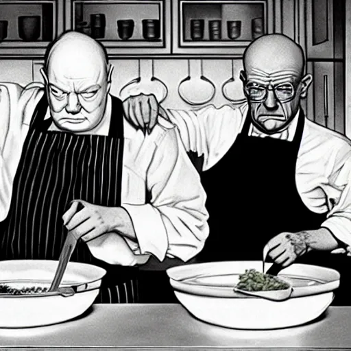 Image similar to Winston Churchill and Walter White cooking in a kitchen, realism, super details, ominous background, high detail, in the style of Martin Schoeller