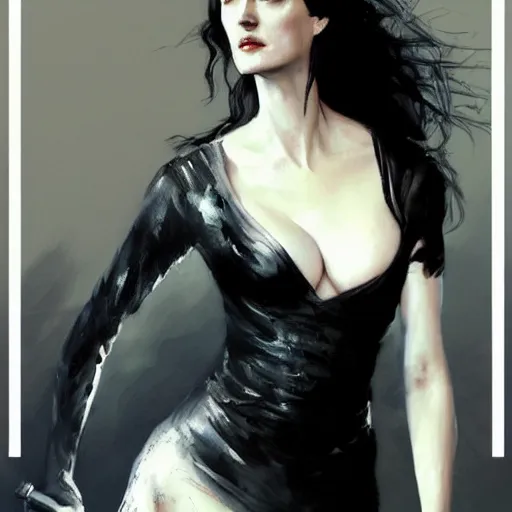 Image similar to eva green as yennifer, dynamic pose, painted by greg rutkowski